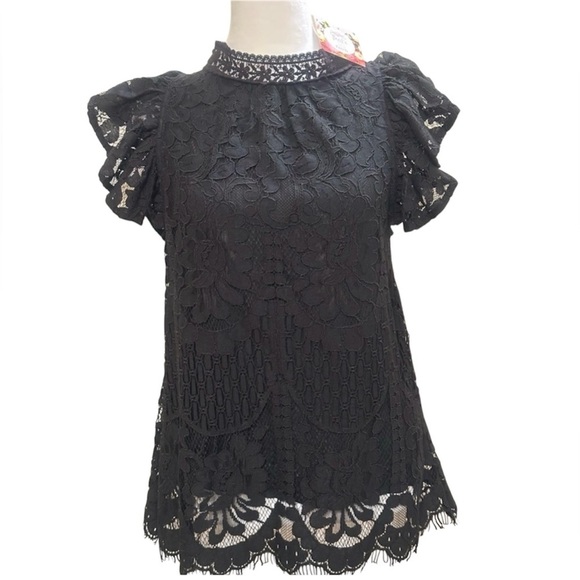 JEN - Sweet Lovely  - Black Lace Top Ruffle Sleeve Fringe SZ S Lined NWT - Picture 1 of 13